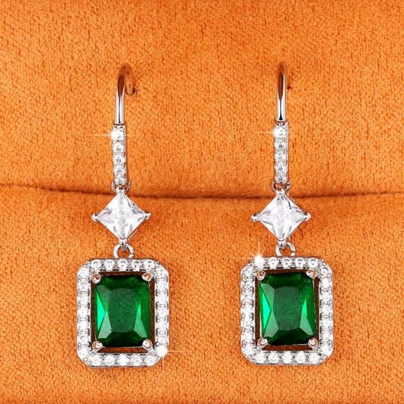 18k White Gold Emerald Green Diamond Earrings Dangle Drop Earrings - Picture 1 of 7